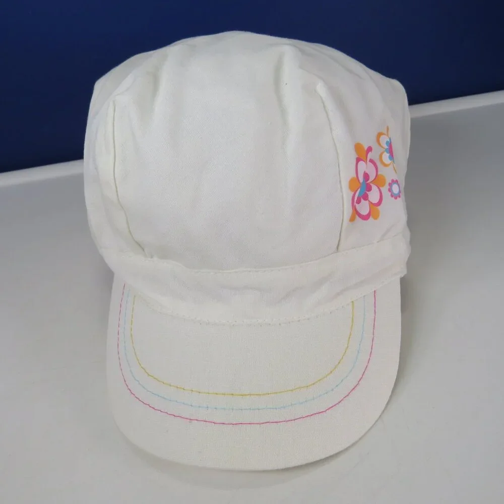Child's White Cotton Ball Cap Hat w Floral Decal Elastic Back 19